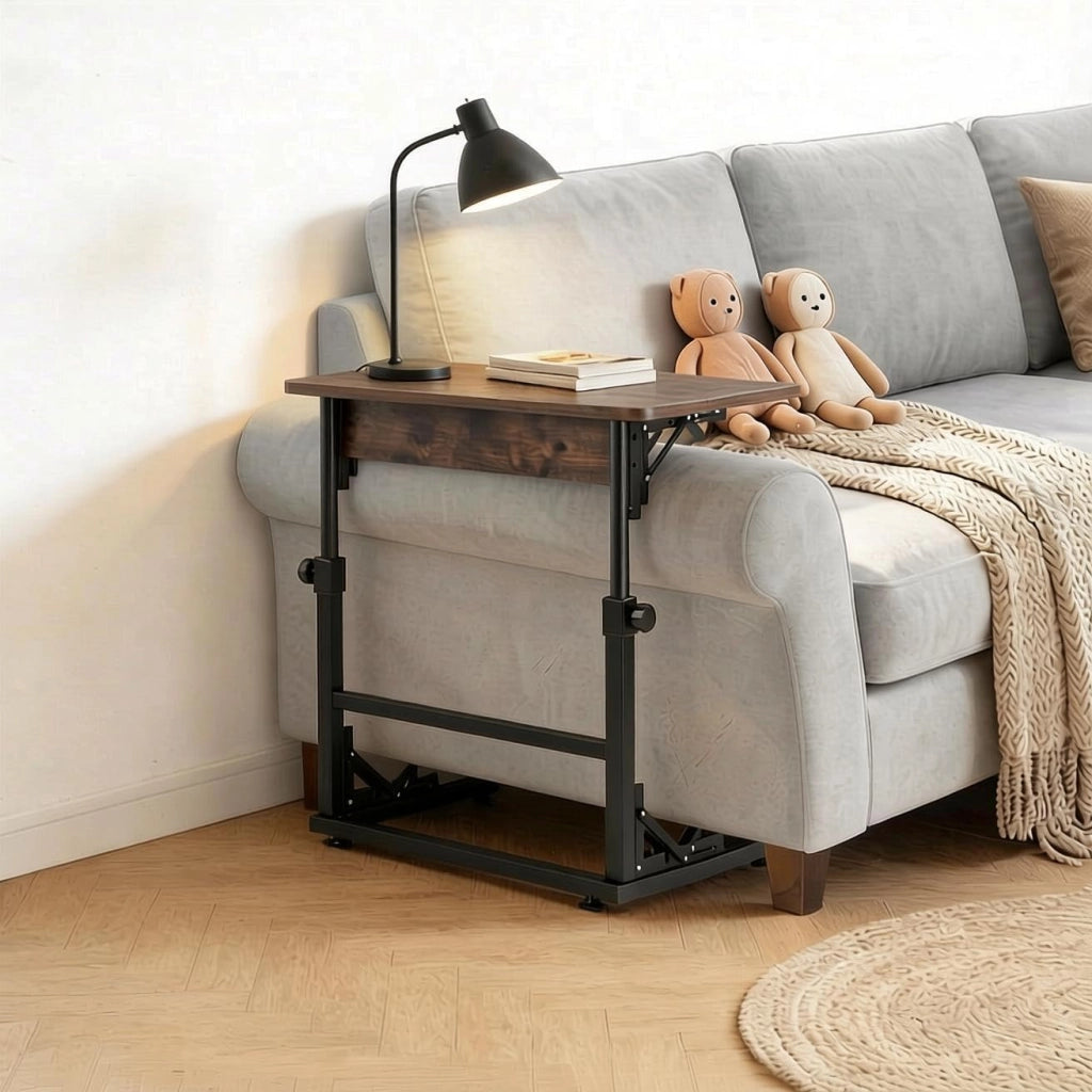 Tavolino Pieghevole a Forma di C, Tavolino da Divano Regolabile in Altezza con Struttura in Metallo, 59,5 x 39 cm Scrivania per Laptop per Soggiorno, Camera da Letto, Marrone Rustico