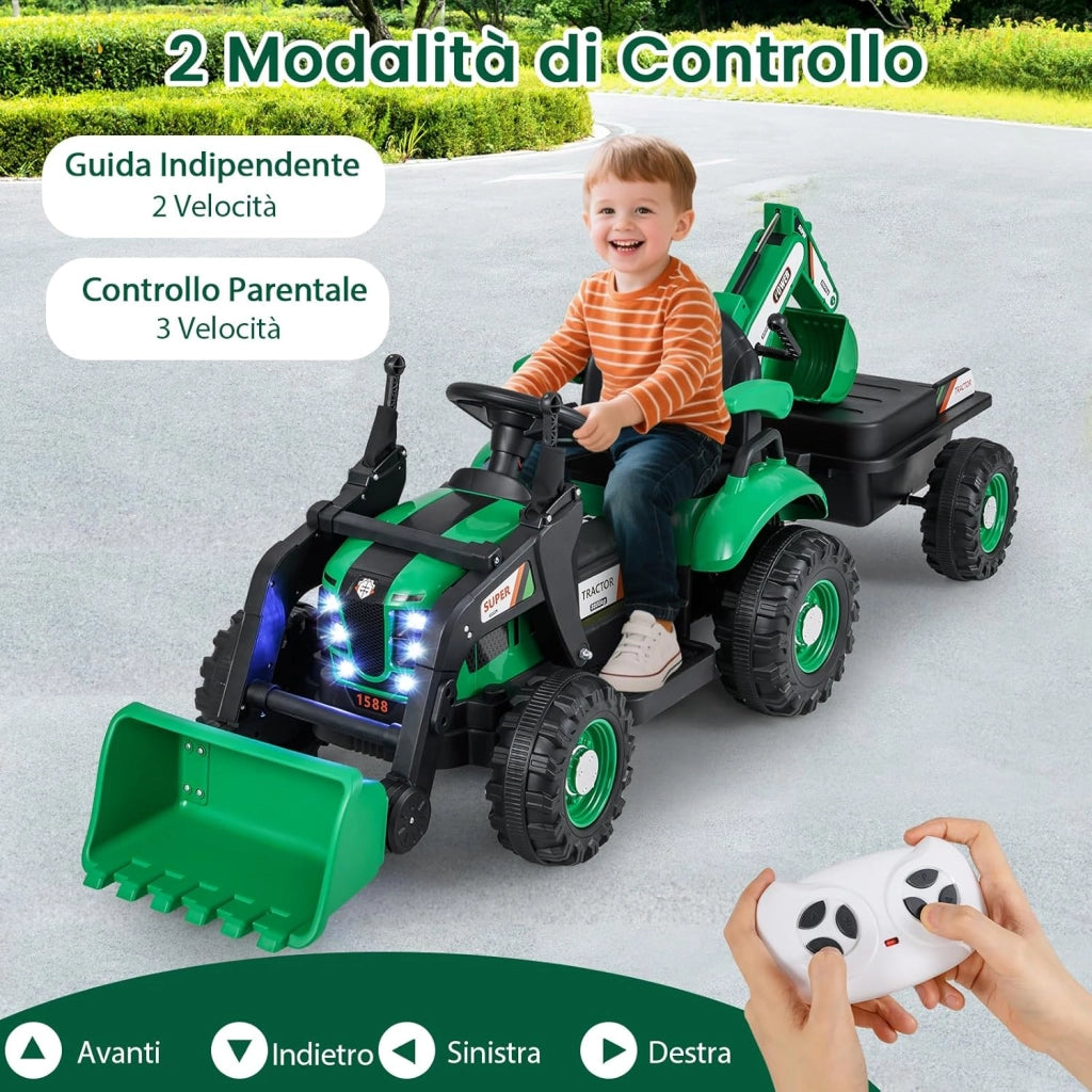4 in 1 Trattore Elettrico per Bambini, Trattore Cavalcabile per Bambini 3-8 Anni con Telecomando Rimorchio e Cucchiaia Staccabile, Velocità Regolabile, Doppi Motori (Verde)