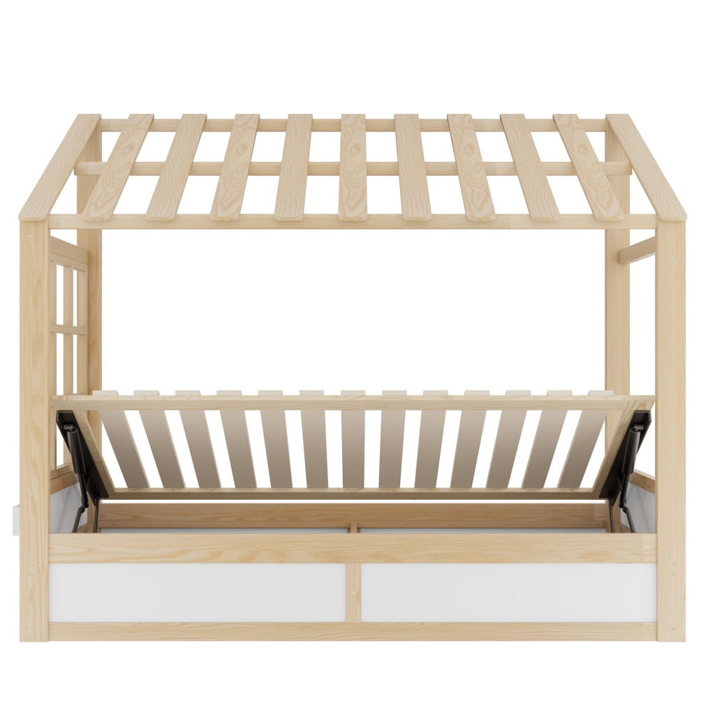 Letto per bambini 90x200 cm con contenitore idraulico e vani laterali in legno bianco e colore naturale