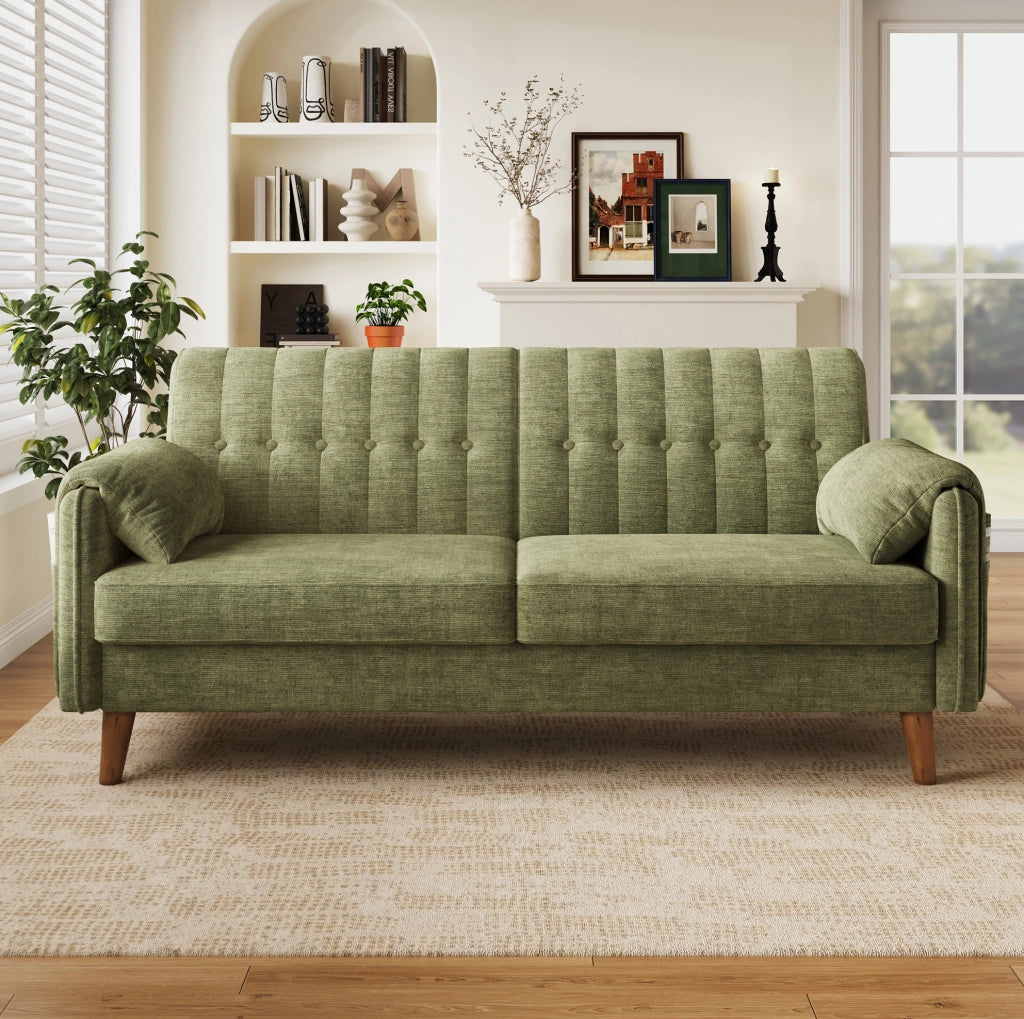 Divano 2 posti in chenille verde 161;5x79x83;5 cm con tasche laterali e cuscini removibili