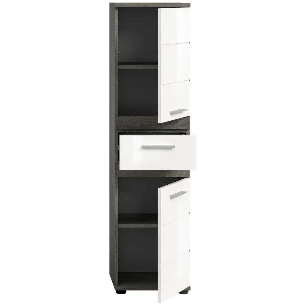 Colonna da bagno WILLIAM – 2 porte e 1 cassetto – Bianco e grigio scuro