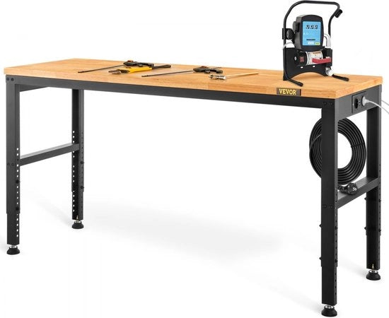 Bancoposta in legno 135x46x97cm - Regolabile in altezza - Con 2 prese elettriche - Sopporta fino a 900kg - In legno massello - Altezza 72-97cm - Zampe in gomma