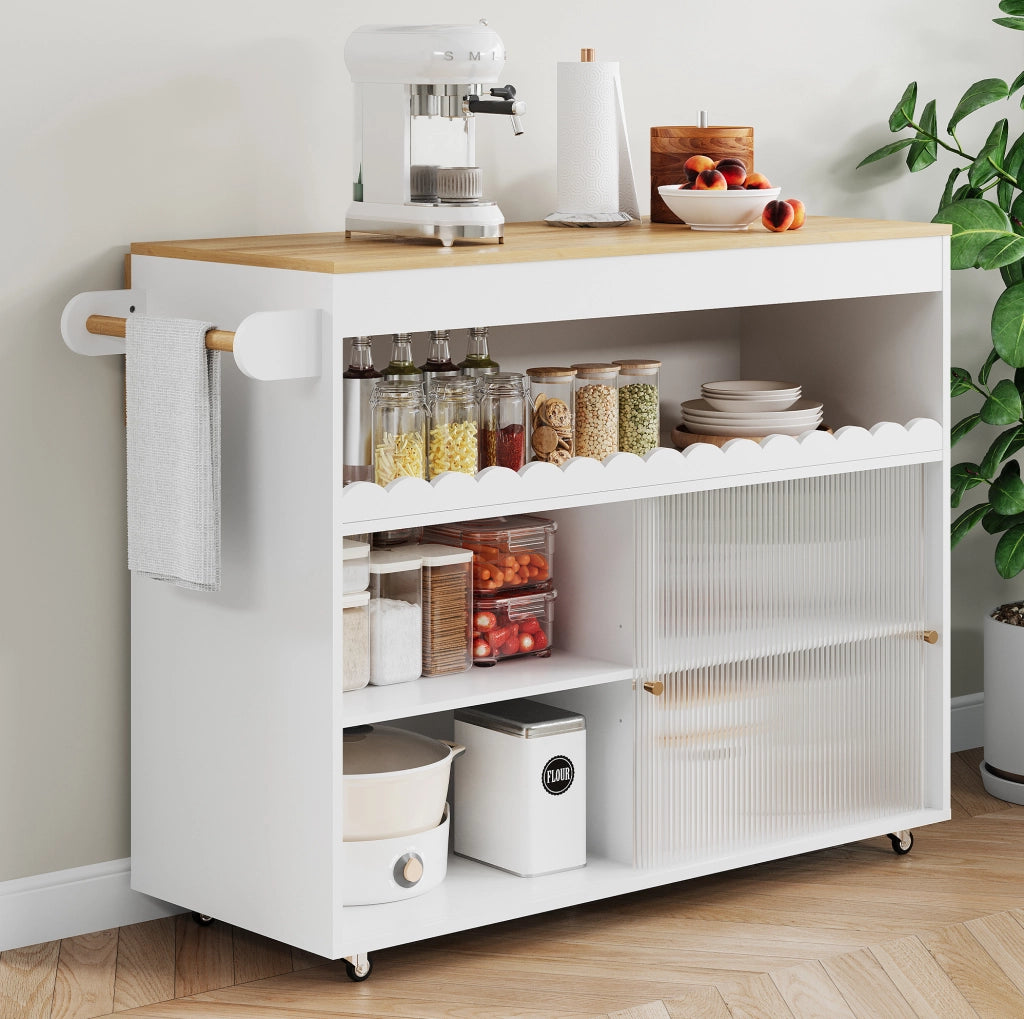 Carrello cucina pieghevole 122x46(69)x91 cm con piano apribile; MDF; bianco e naturale