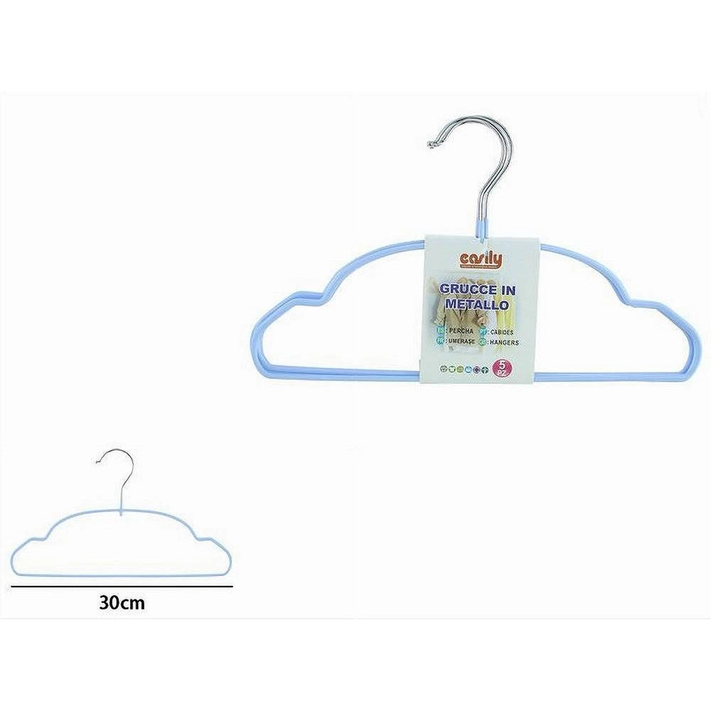 Trade Shop - Set 5pz Grucce Stampelle Metallo Gommate Antiscivolo Celeste Appendi Abiti 87675 -