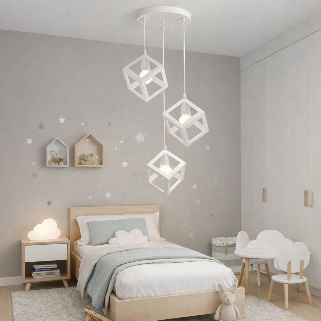Lampadario Bianco Moderno a Sospensione 3 Cubi Geometrici Design Minimal Attacco E27 Lampada Soffitto Regolabile per Cucina Soggiorno Sala da Pranzo