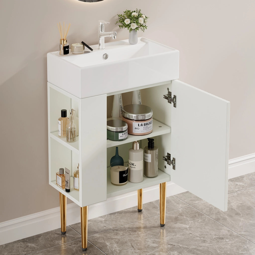 Mobile sottolavabo con lavabo in ceramica e ripiani laterali, per bagni piccoli, bianco, 68,5 × 52,6 × 32,28 cm
