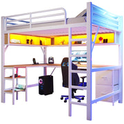 LETTO a soppalco 140x200 cm in metallo e MDF bianco con scrivania, libreria, LED e USB