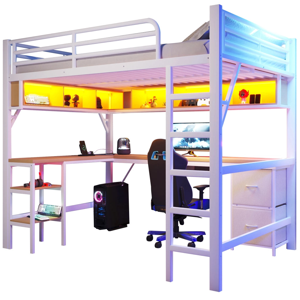 LETTO a soppalco 140x200 cm in metallo e MDF bianco con scrivania, libreria, LED e USB