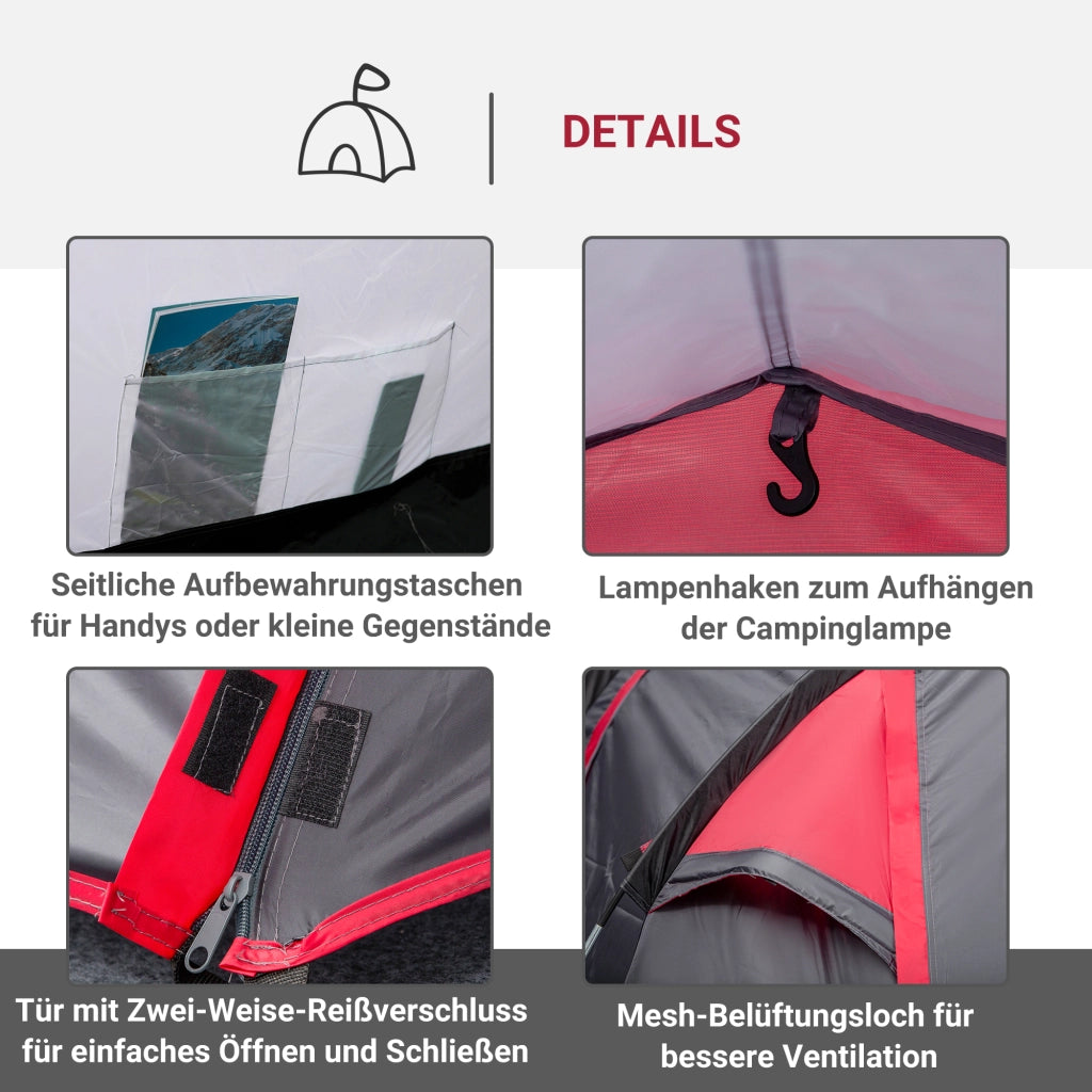 Tenda a tunnel per 2-3 persone; tenda da campeggio 190T con perni; fibra di vetro e poliestere; grigia; 426 x 206 x 154 cm; ideale per avventure all'aperto