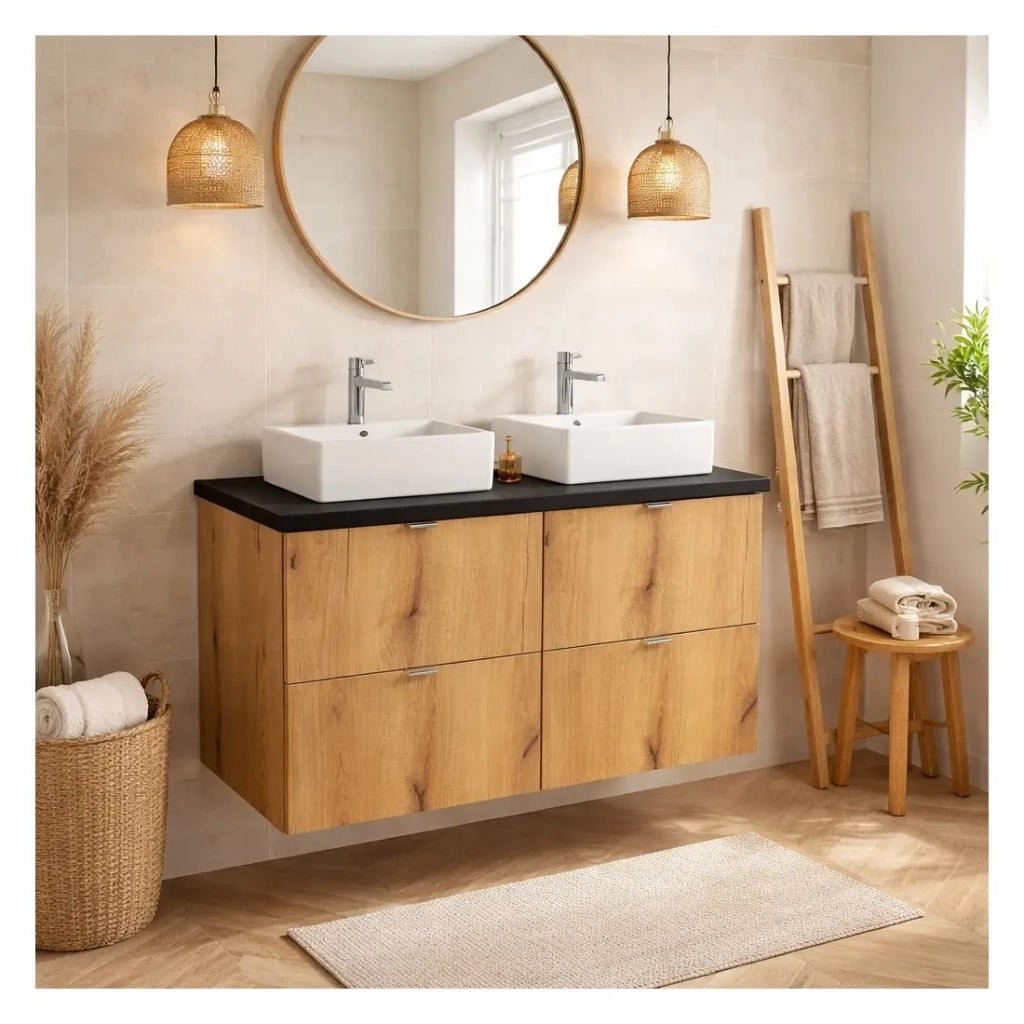 Set VANO in rovere e nero 100cm: mobili sottolavabo con cassetti + piano per lavabo + lavabi rettangolari da appoggio