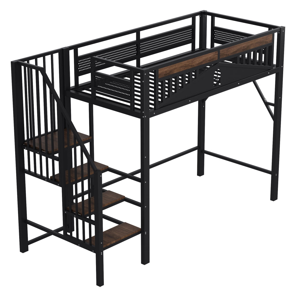 Letto a soppalco 90x200 cm con scala di sicurezza e vani portaoggetti in metallo nero