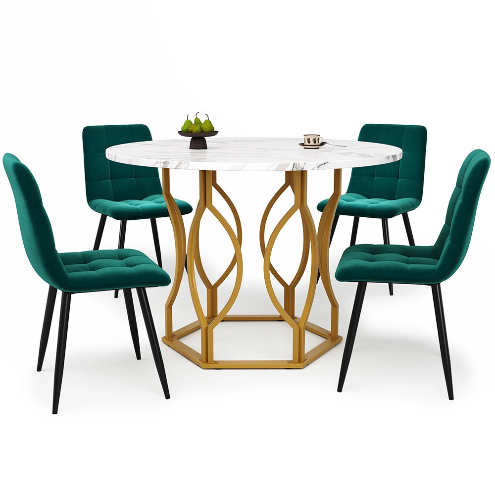 Set tavolo-Xylo-100cm rotondo 4 sedie verde piedi dorati