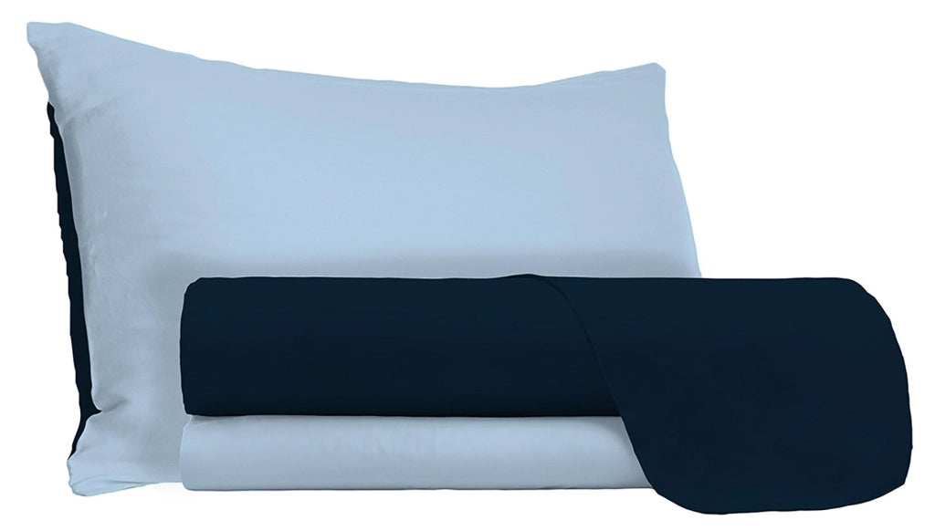Set Lenzuola Singolo Sopra Sotto e Federe Doubleface Blu Scuro/Azzurro