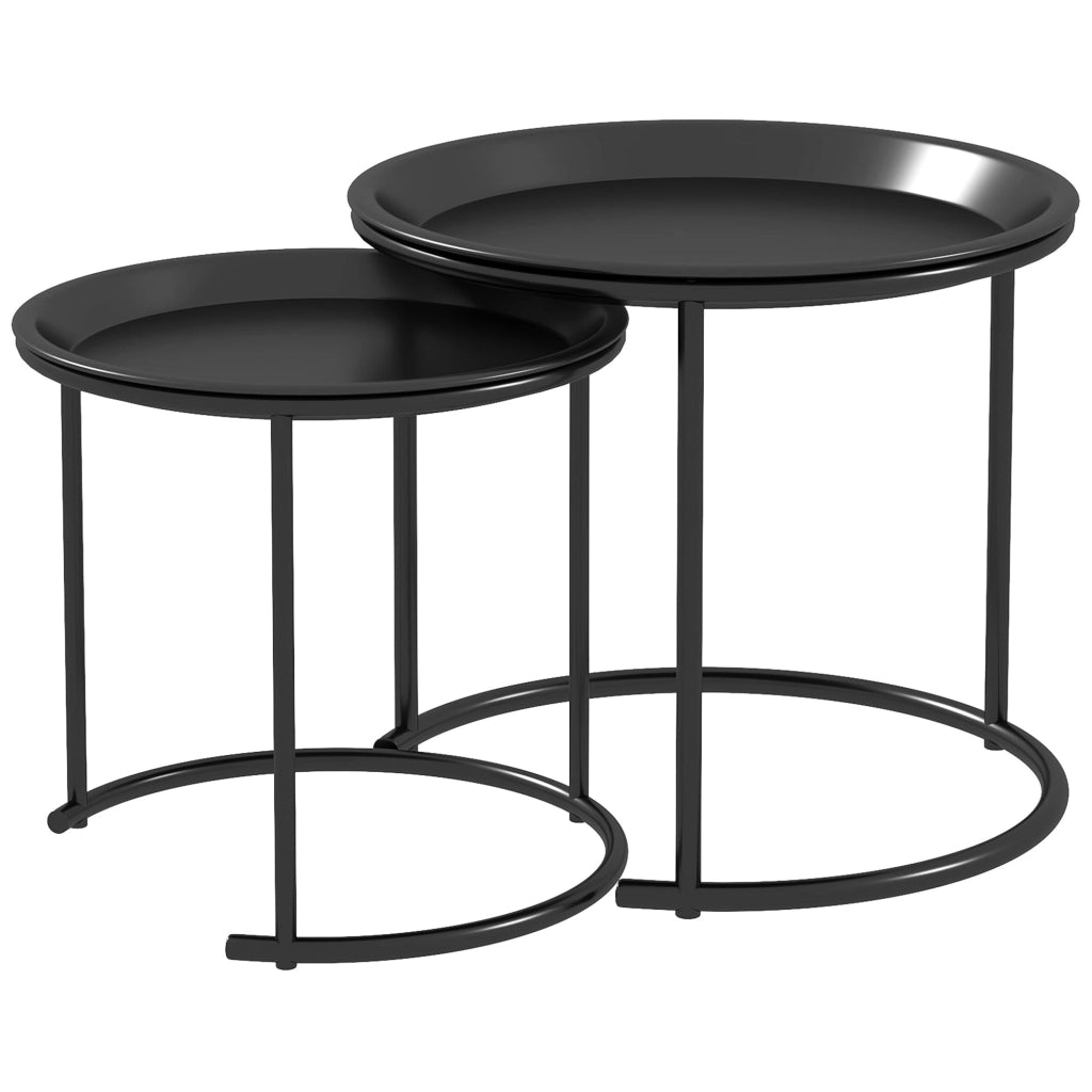Set 2 Tavolini da Salotto Rotondi Sovrapponibili con Vassoio rimuovibile Nero