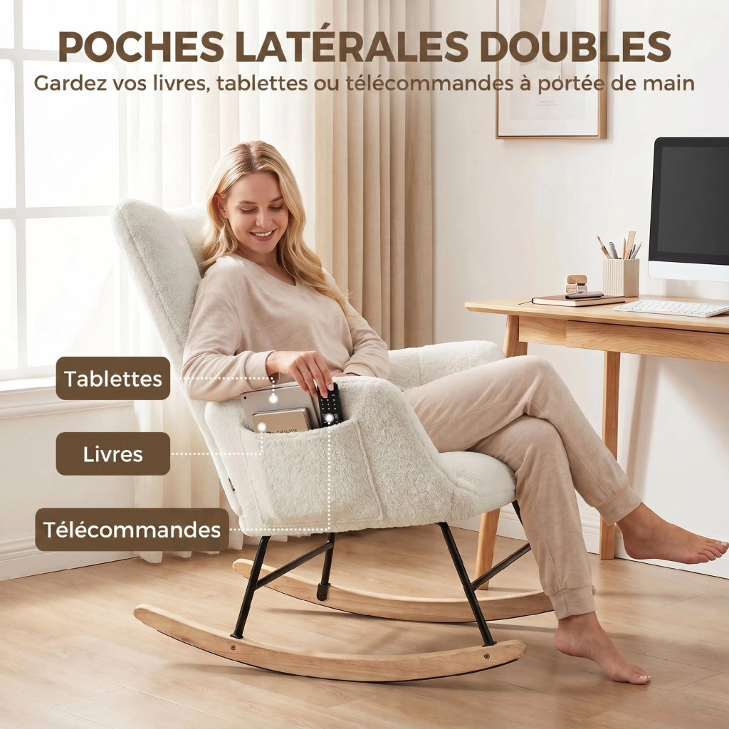 Fauteuil à Bascule, Assise Rembourrée, Poches Latérales, Crème
