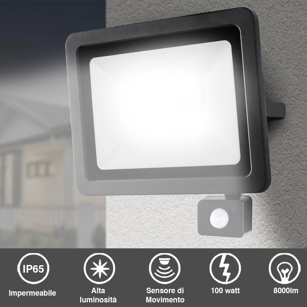 Faro LED 100W Luce Alta Luminosita 8000lm Faretto esterno con Sensore Movimento