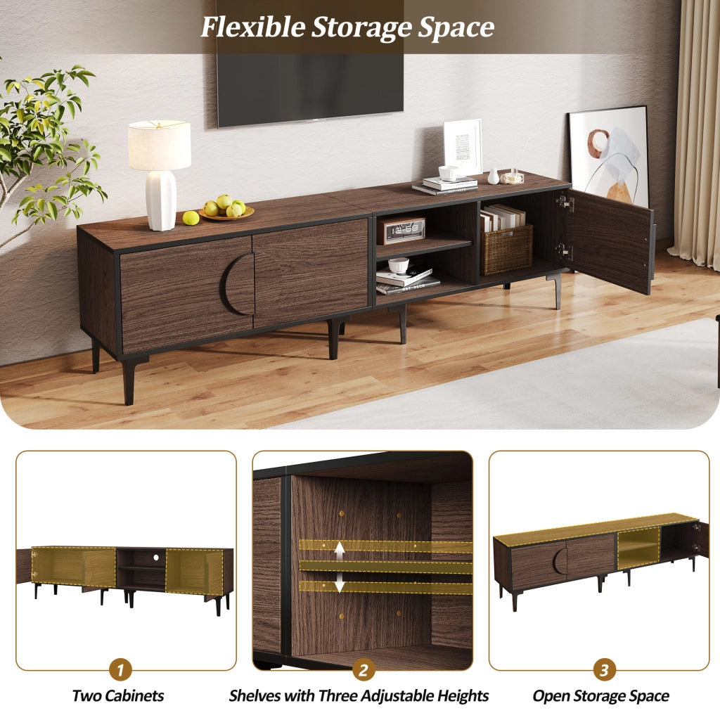 Mobile porta TV con 3 ante e 2 vani aperti per soggiorno in truciolato nero e noce scuro 180 × 35 × 49 cm