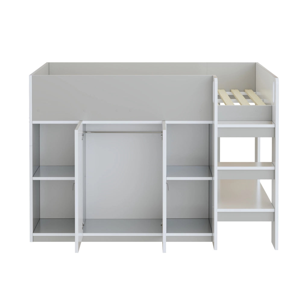 Letto a soppalco ULEVR 90x200 cm con armadio, ripiani aperti e scala integrata, bianco e grigio