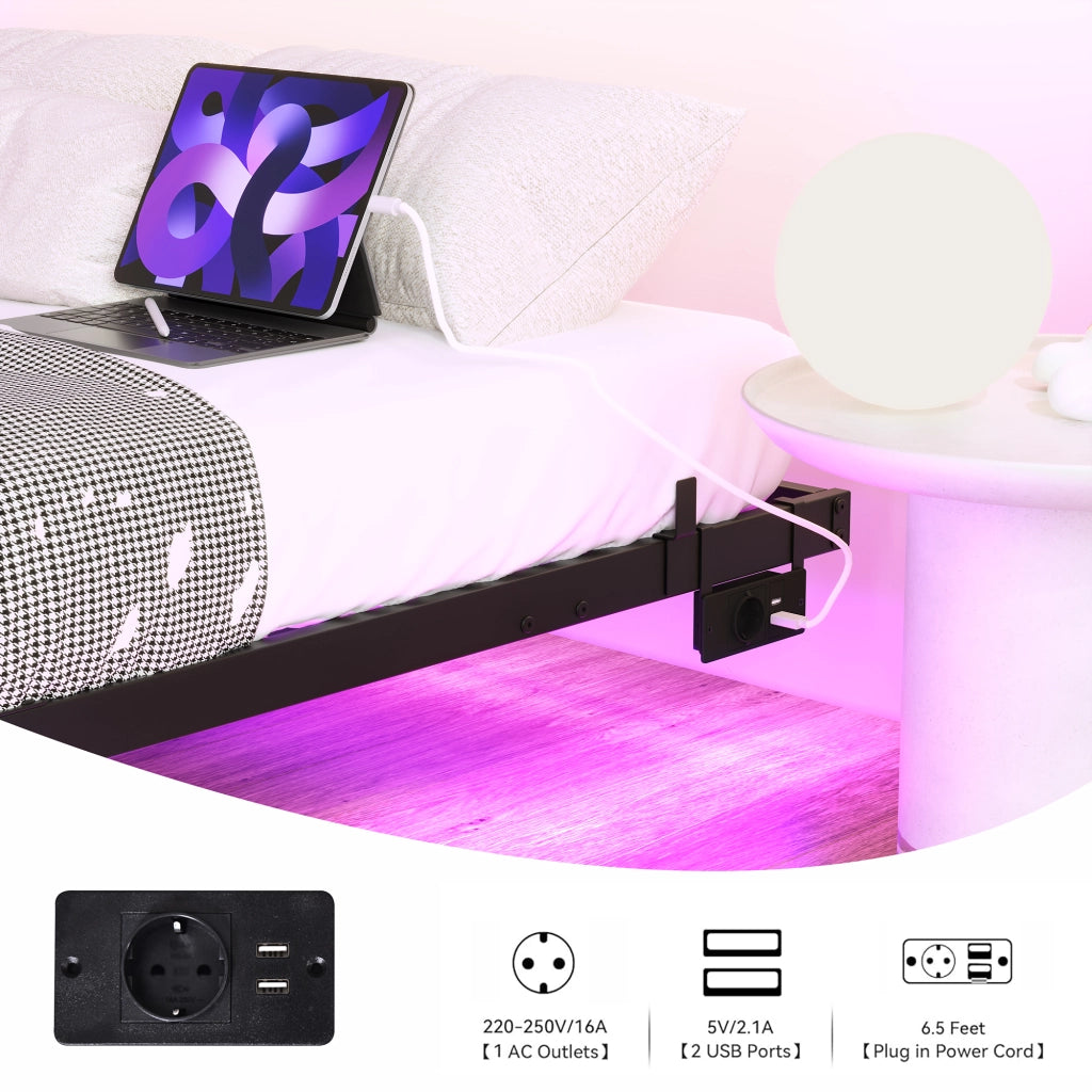 Letto matrimoniale 140 × 200 cm con LED, stazione di ricarica e struttura in metallo, senza materasso, nero