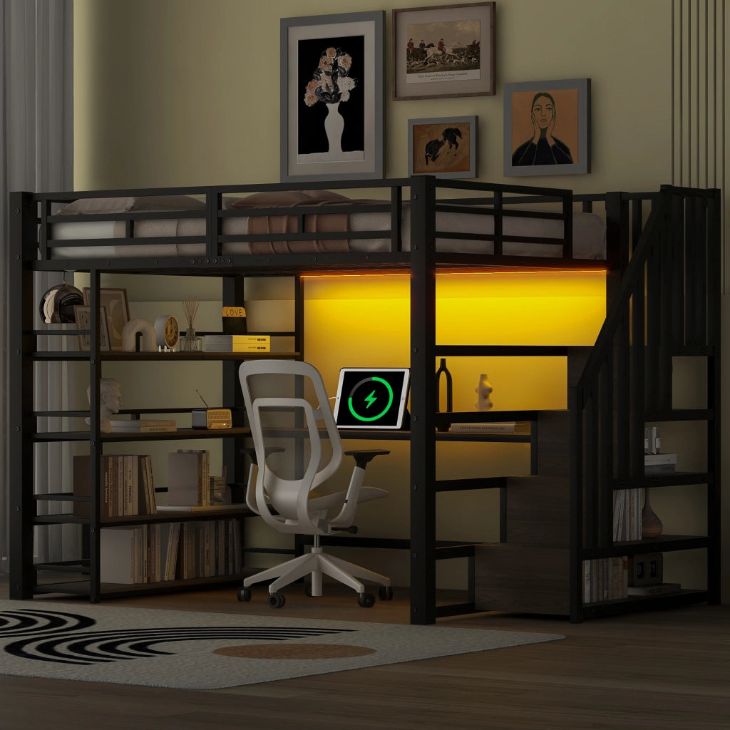 LETTO a soppalco 140x200 cm in metallo e MDF nero con scrivania e scala