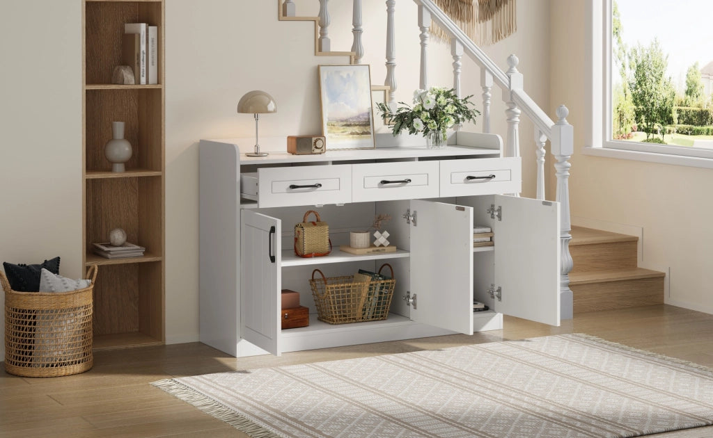 Mobile contenitore bianco 120x35x80 cm con 3 cassetti, 3 porte e ripiani regolabili