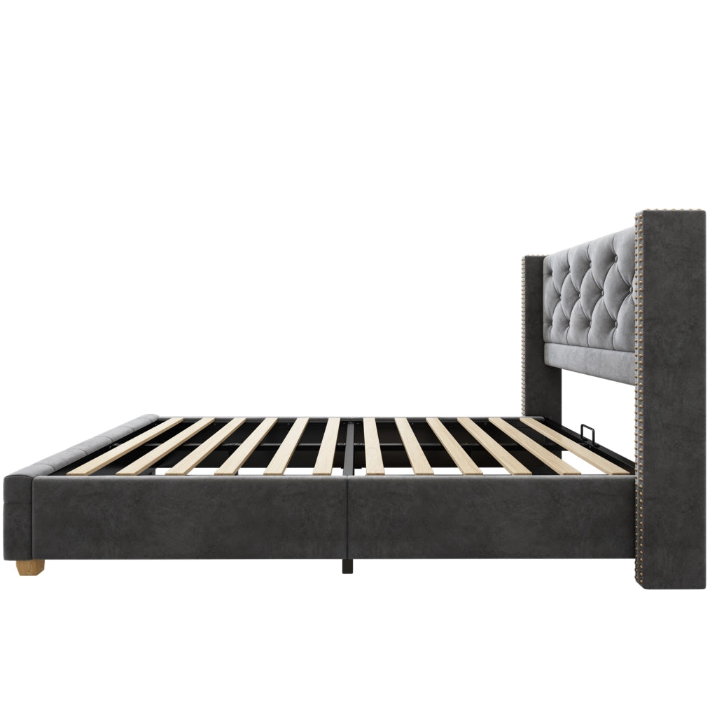 Letto imbottito in velluto grigio 90x200 cm con rete a doghe e testiera