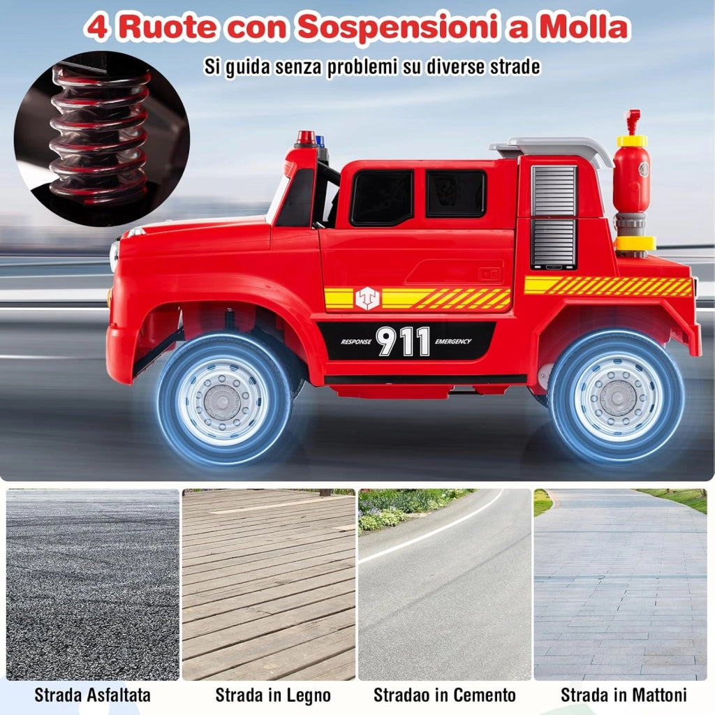 Camion dei Pompieri per Bambini, 12V Macchina Elettrica con Spruzzatore d'Acqua, Telecomando, Musica, Sirena, Luci e Avvio Morbido, Veicolo Elettrico per Bambini 3+ Anni