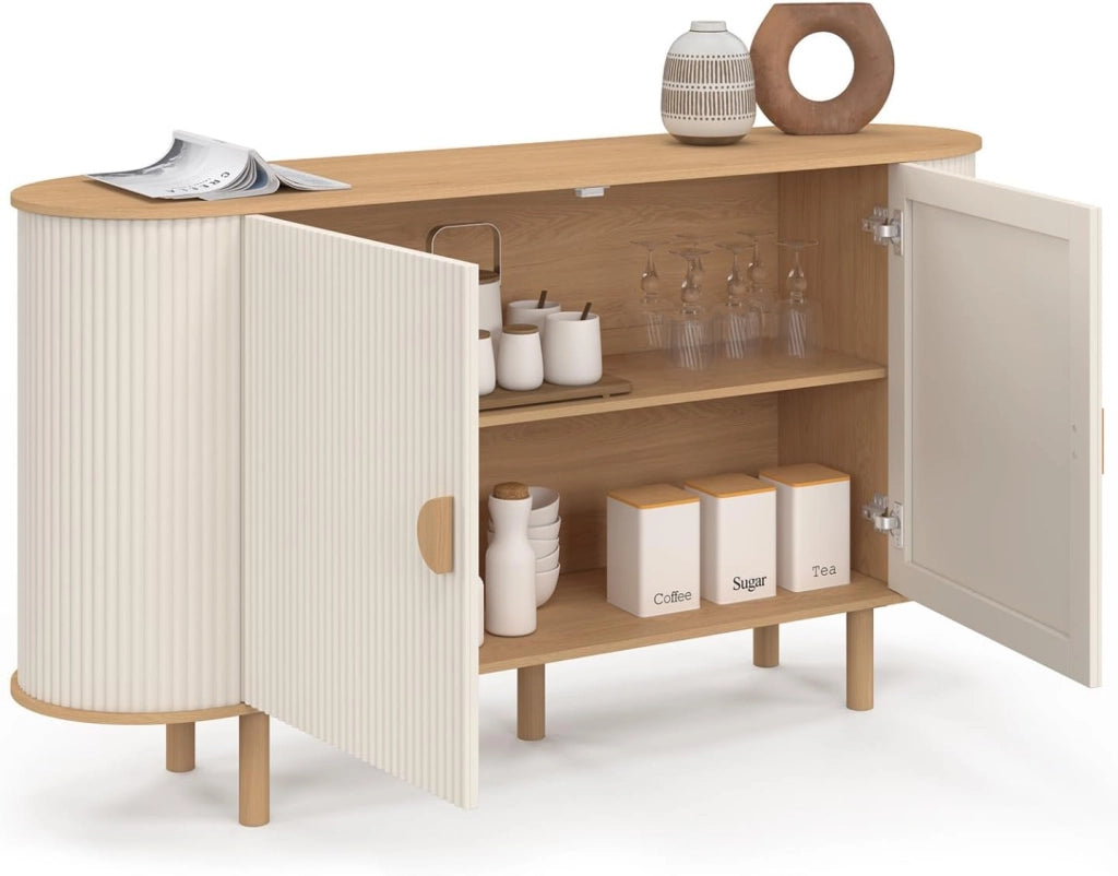 Credenza KANEL a 2 ante beige e legno effetto scanalato da 140 cm