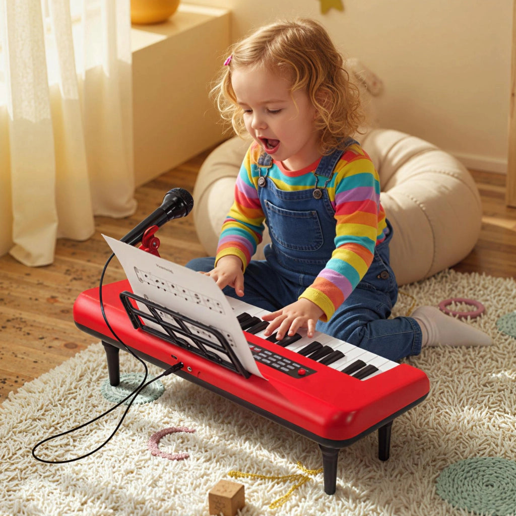 Pianola bambini 37 tasti microfono leggio portatile musicale-Pianola gambe staccabili digitale educativo ragazzi ragazze 3+ anni Rosso