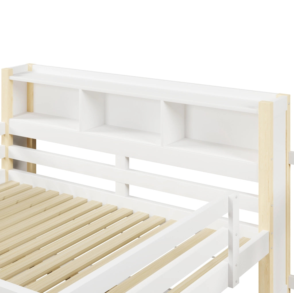Letto a soppalco 140x200 cm con LED; scala contenitore e ringhiera; bianco e naturale