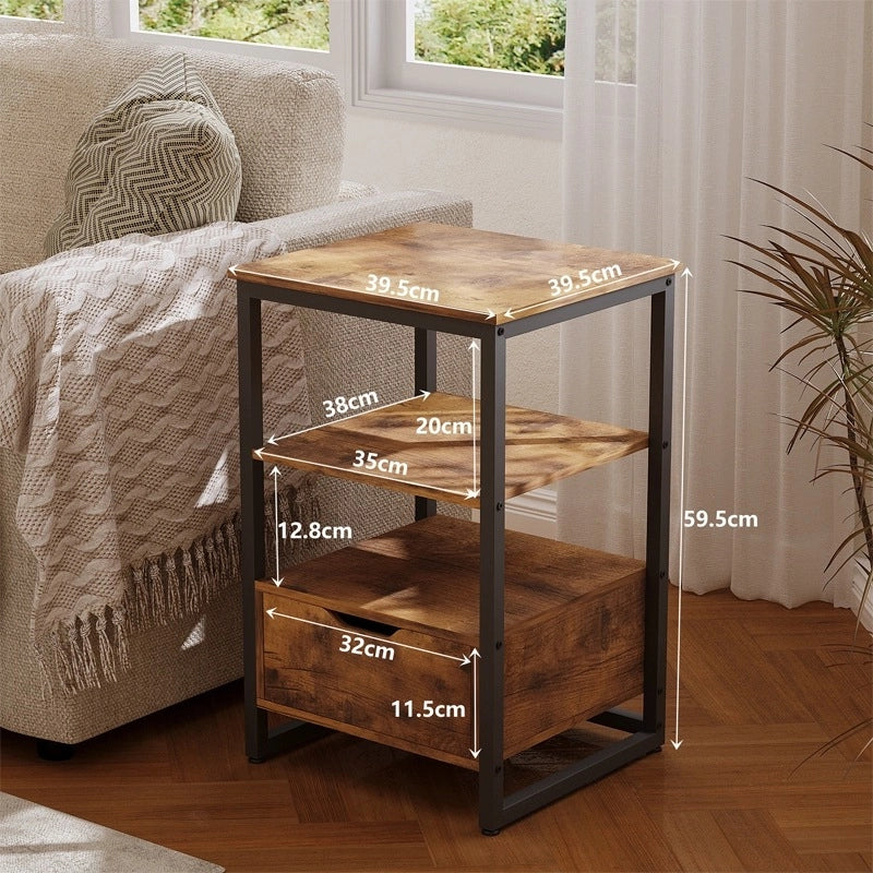 Comodino, tavolino da camera, cassettiera, stile loft marrone scuro, 2 ripiani, 80 cm