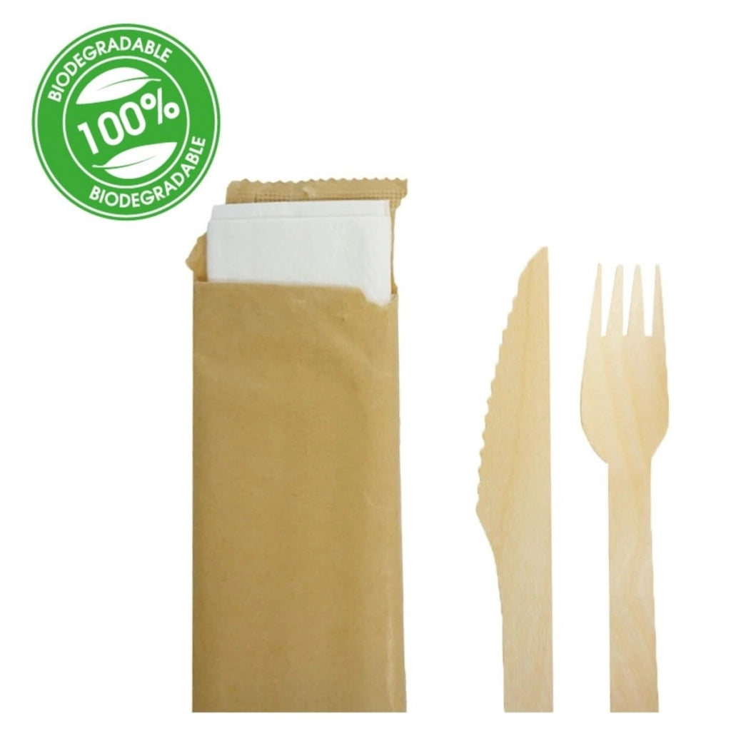 Set posate usa e getta in legno di betulla | Ecologico, Biodegradabile, Compostabile, 100% Naturale | No Plastica - Forchetta, Coltello e Salvietta 3 veli di Carta (Pacco da 25 pezzi)
