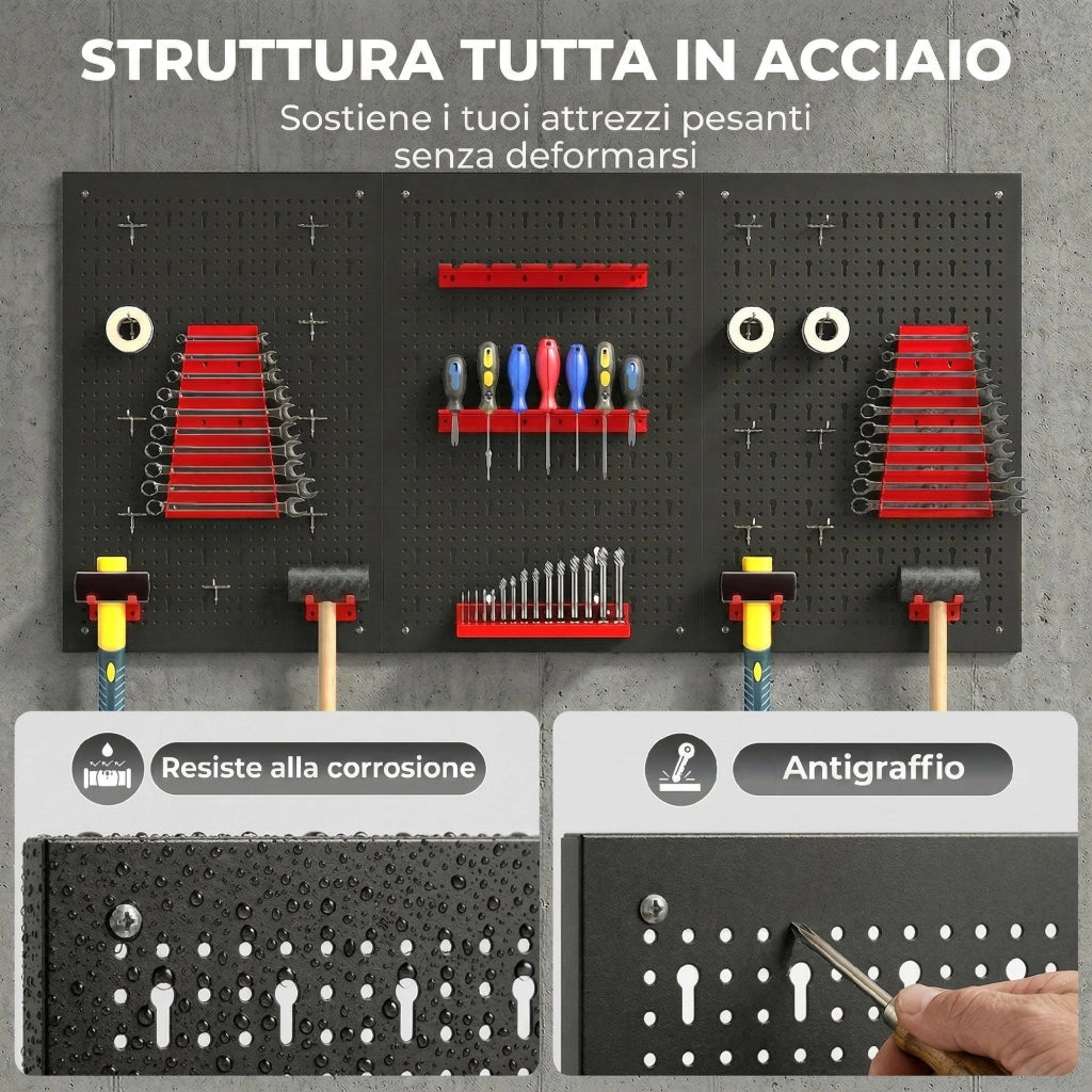 Set 3 Pannelli Porta Attrezzi da Parete in Acciaio con 9 Supporti e 16 Ganci. Nero e Rosso
