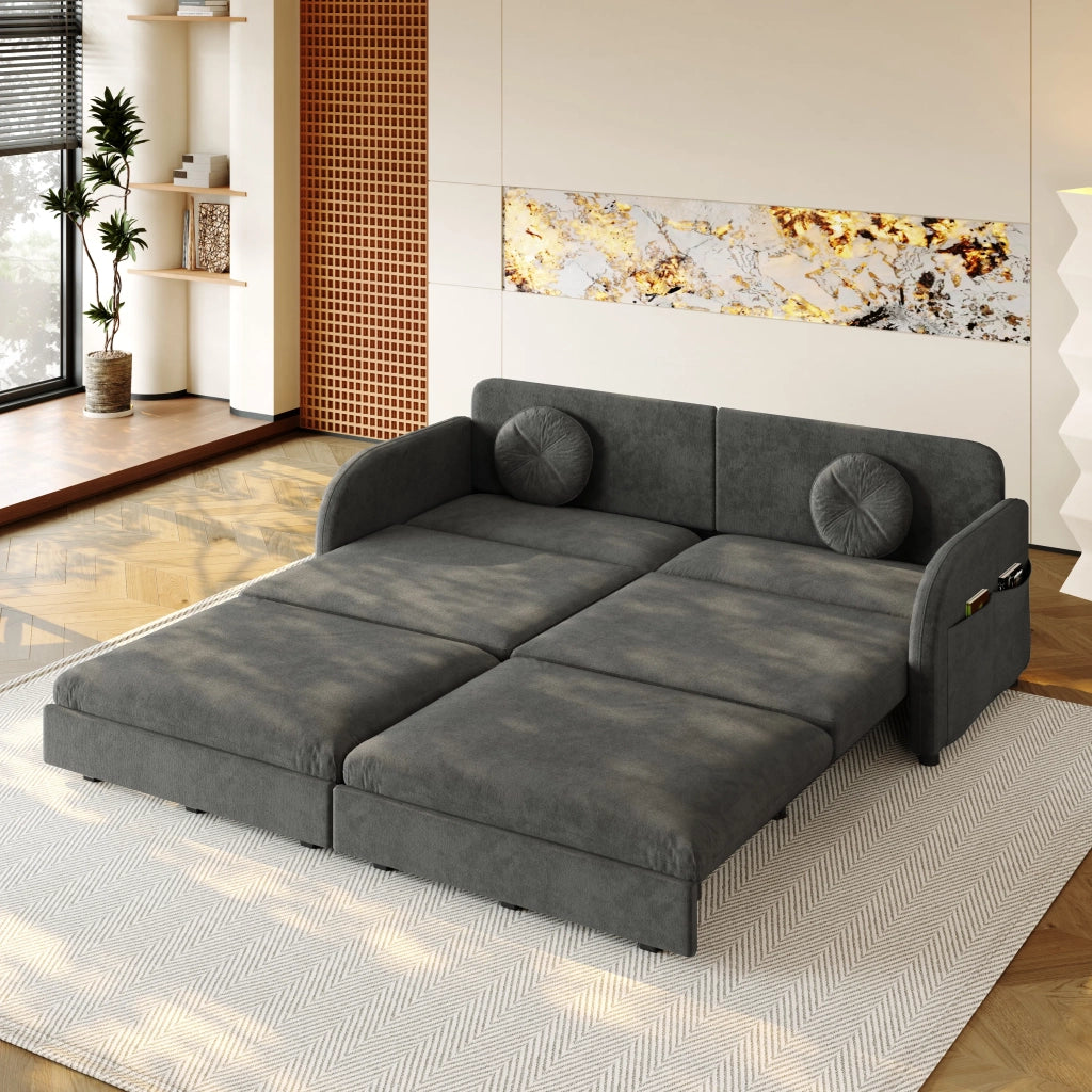 Divano letto 3 posti estraibile King-Size 206 cm, chenille grigio, funzione sonno 3-in-1, cuscini sfoderabili e tasche portaoggetti laterali