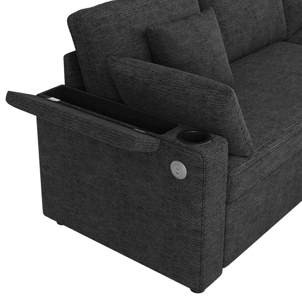Divano angolare con letto estraibile, pouf mobile, USB e porte bicchieri, contenitori nei braccioli, in ciniglia grigia