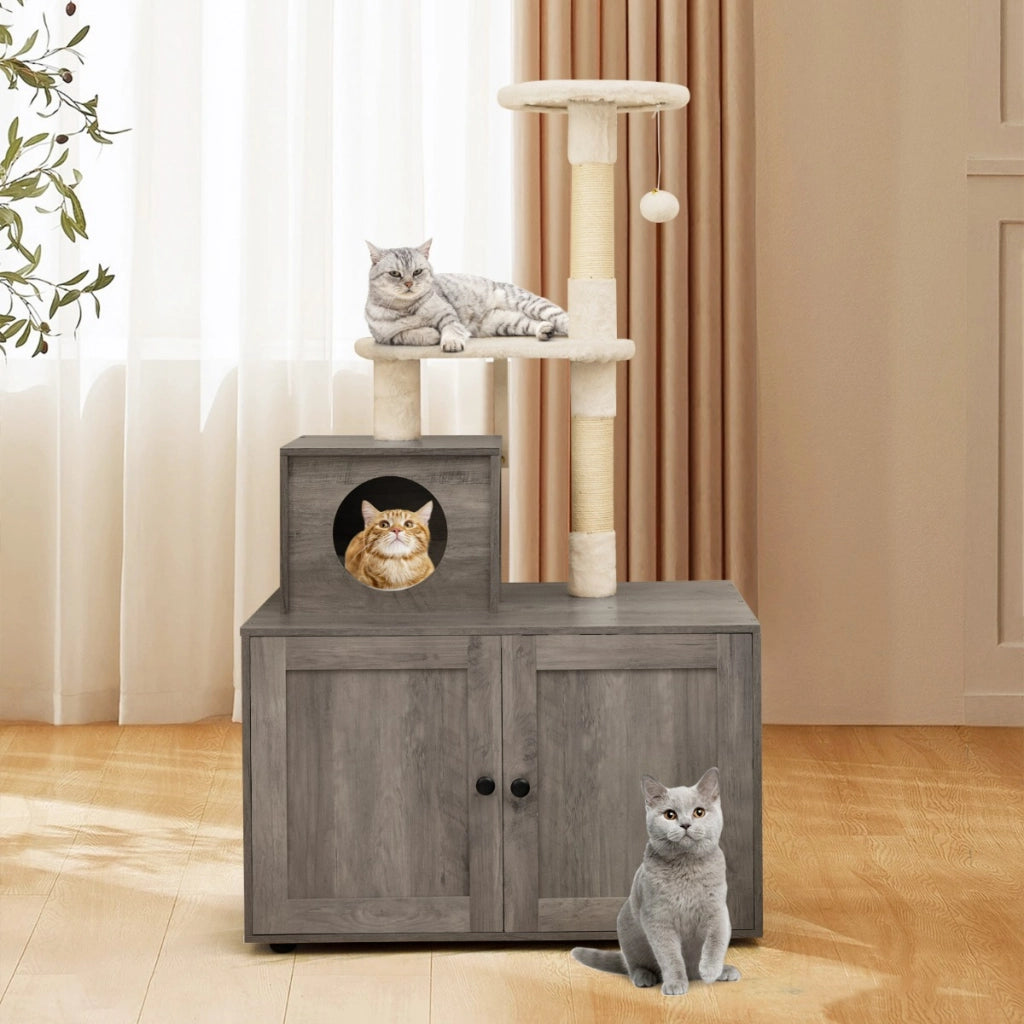 Casa per lettiera per gatti in legno con torre pallina tintinnante divisorio, Mobile per gatti da interno Grigio-Lettini e divanetti