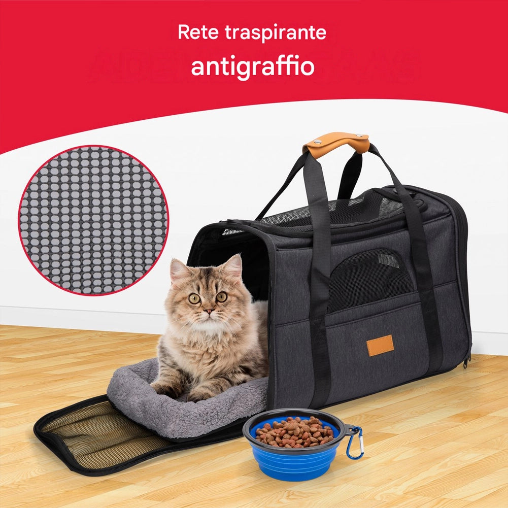 Borsa per Trasporto Animale Pieghevole Trasportino 44x31x34 cm Cuccia e Ciotola