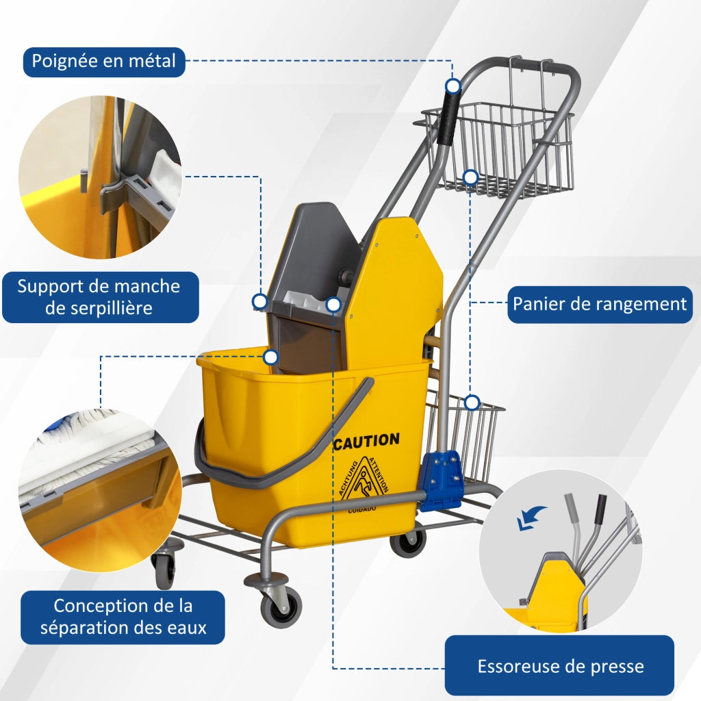 Carrello per pulizia professionale con secchio 26 L e cestino ¨C zephmum ¨C giallo