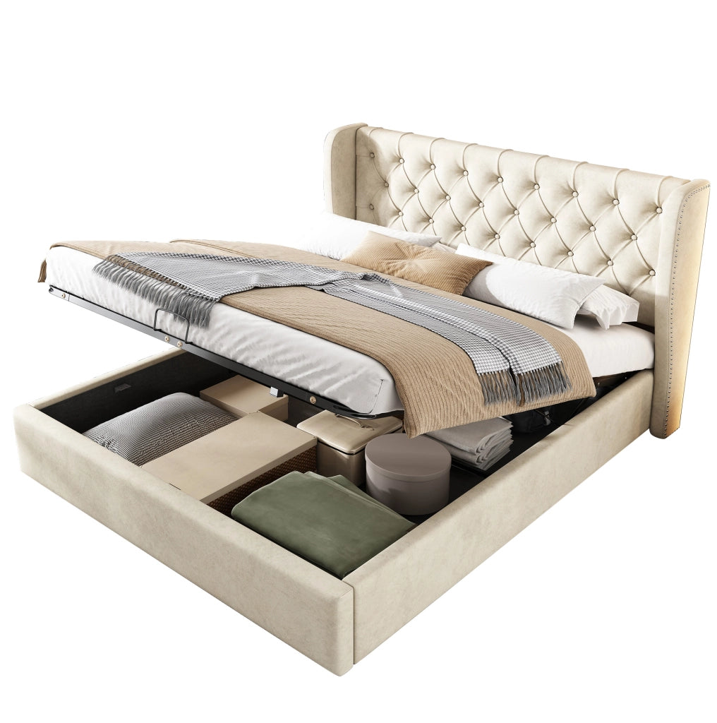 Letto matrimoniale 160x200 cm in velluto beige stile Chesterfield con contenitore