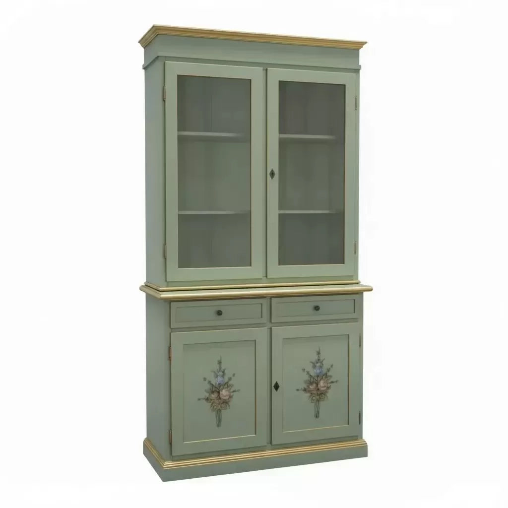 Cristalliera 2 porte shabby legno verde salvia decorata filo oro 105x42x206 - Mobili 2G