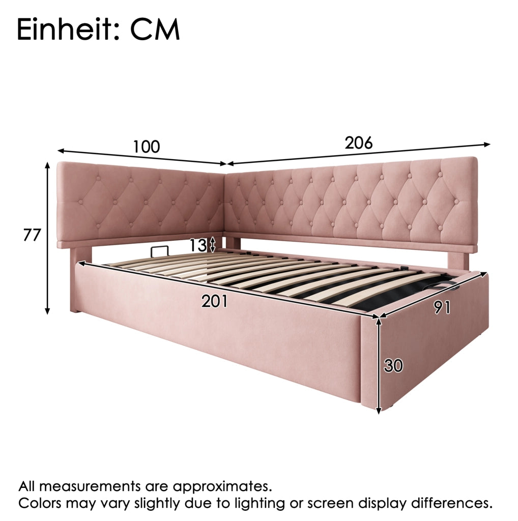 Letto singolo 90x200 cm con contenitore idraulico in velluto rosa