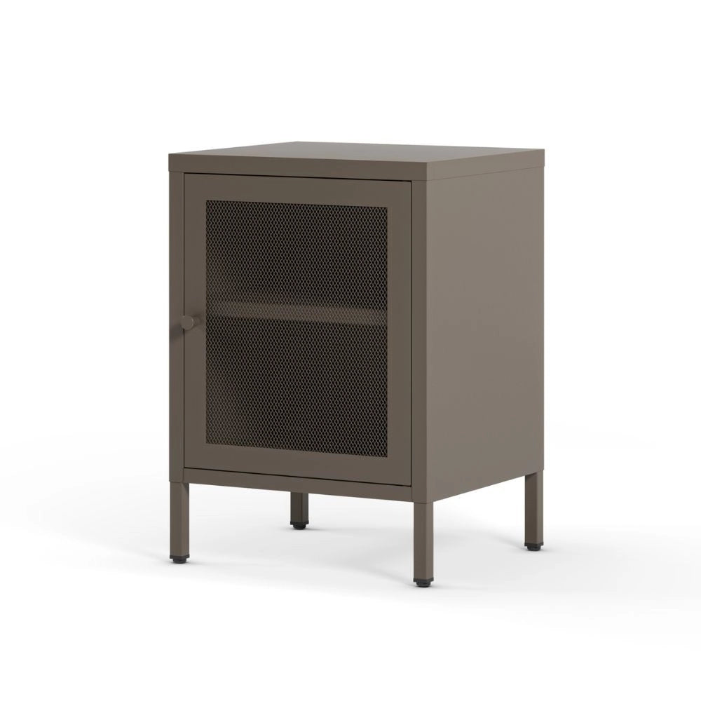 Comodino Fayna in metallo mocha con anta reticolata 40x35x60H – Design industriale