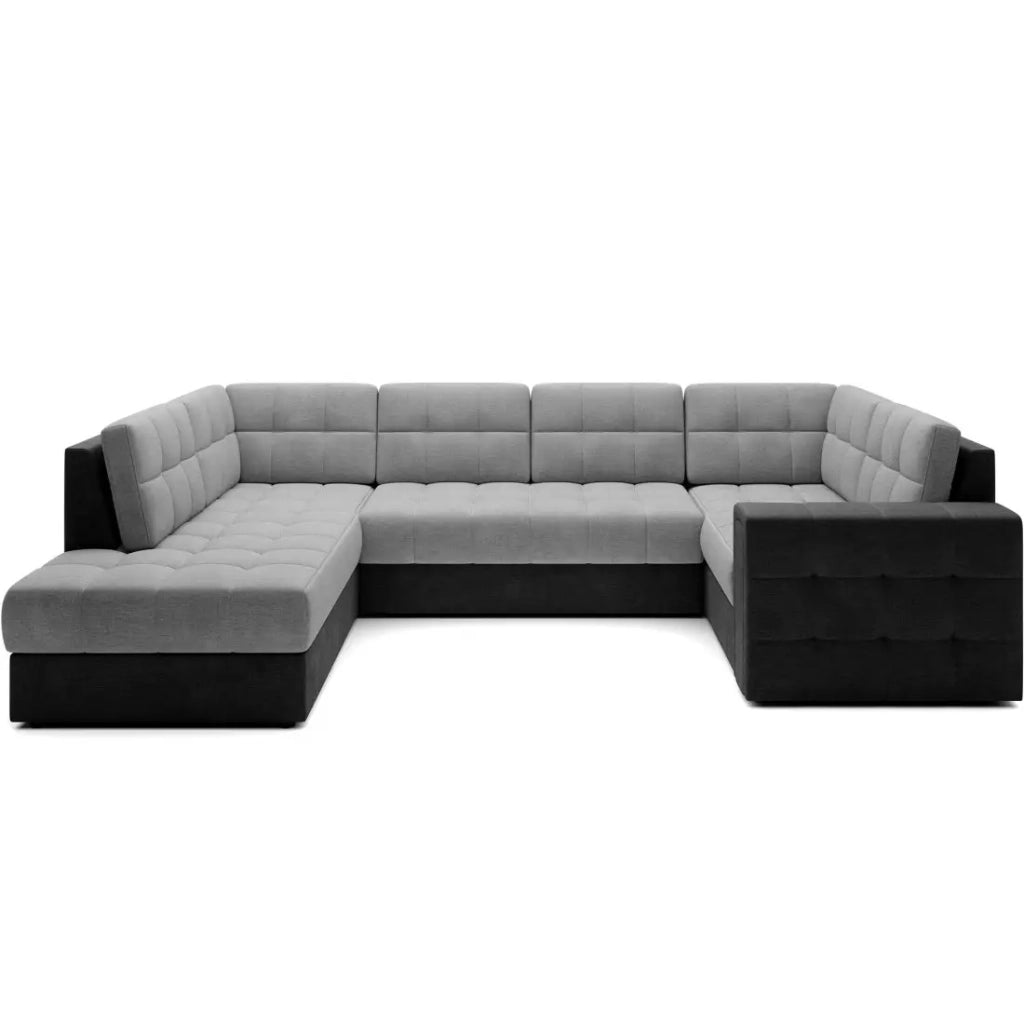 Divano angolare trasformabile MONTEZA grigio e nero sinistro 299 cm con contenitore e letto