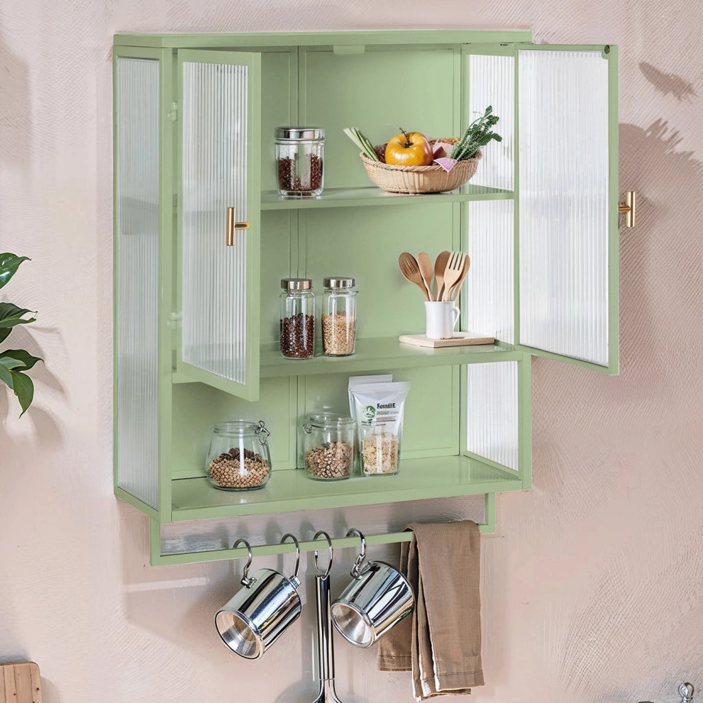 Pensile con 2 Ante; 1 Ripiano Rimovibile; 1 Vano Aperto e Portasciugamani per Bagno in Vetro e Metallo 60×23×78 cm Verde