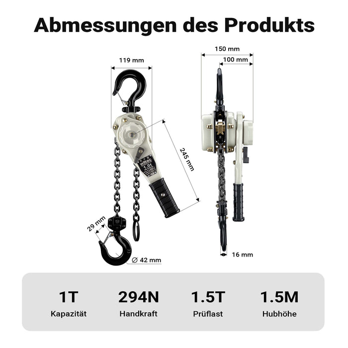 Paranco a leva 0,75 t x 1,5 m, paranco a catena compatto con impugnatura girevole a 360°, per lavori di sollevamento in spazi ristretti