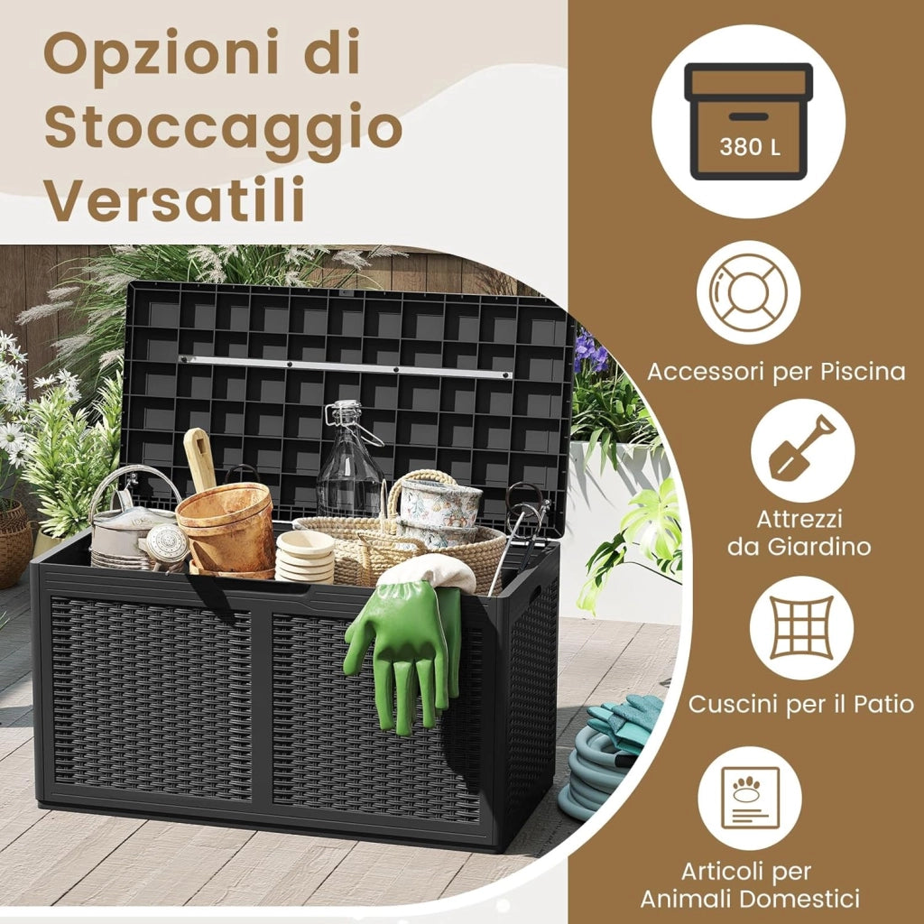 Baule da Esterno 380 L, Cassapanca Contenitore Impermeabile in Effetto Rattan con Coperchio Bloccabile e Ruote, Baule Salvaspazio per Mantenere Cuscini e Attrezzi da Interno e Esterno (Nero)