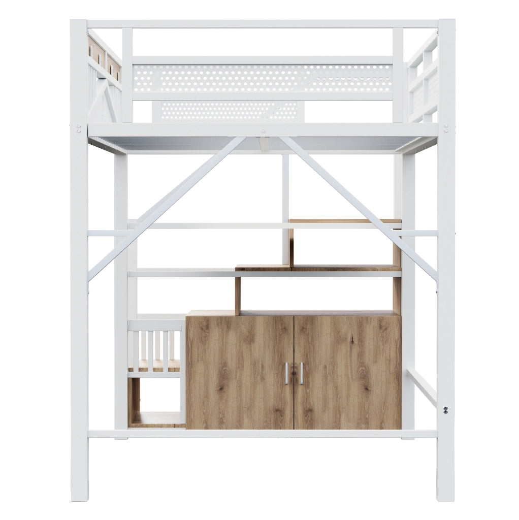 Letto a soppalco in metallo 140x200 cm con scala laterale; vano contenitore e rete finestra; bianco