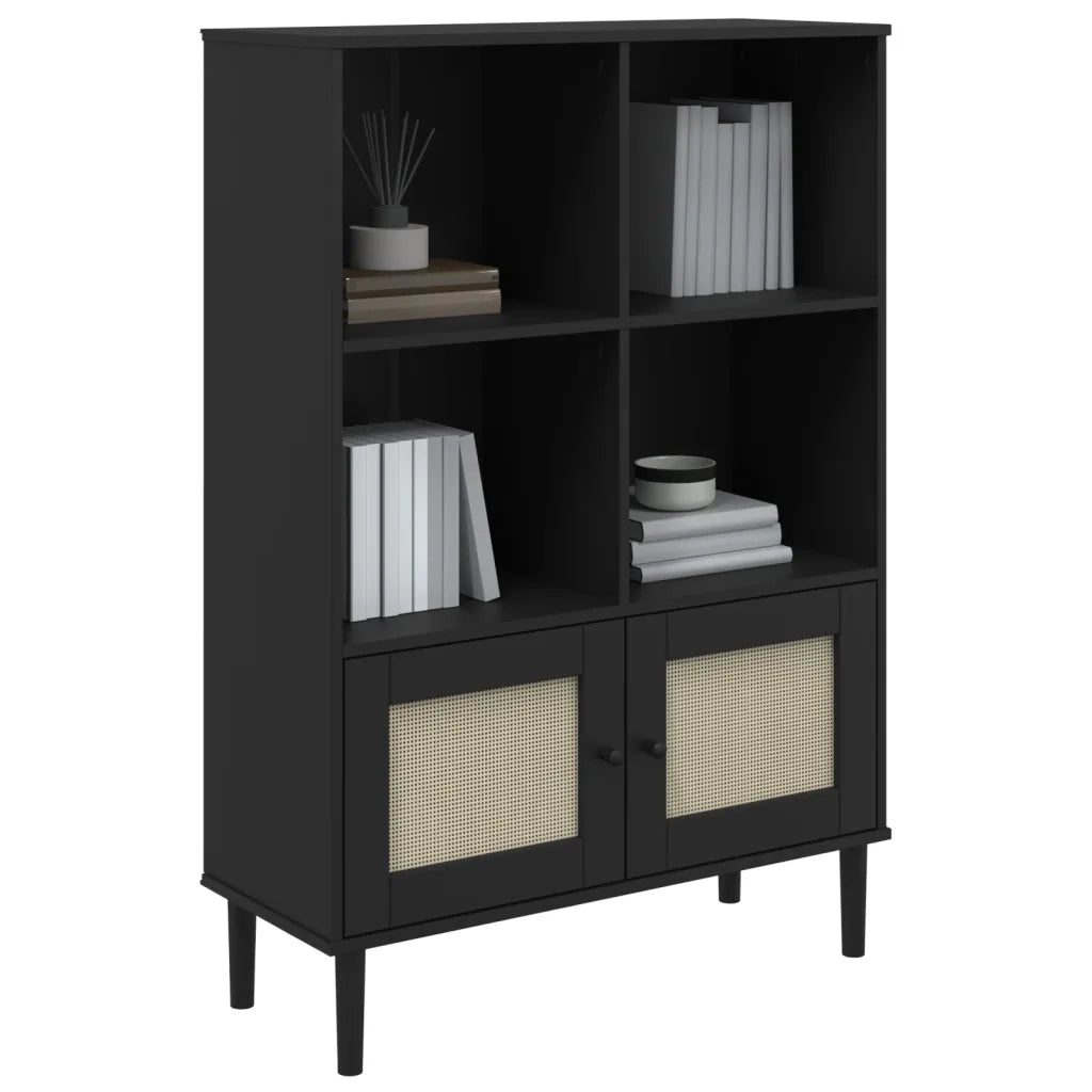 Credenza-Buffet-Armadio da cucina SENJA Aspetto Rattan Nero 90x35x130 cm Legno Pino