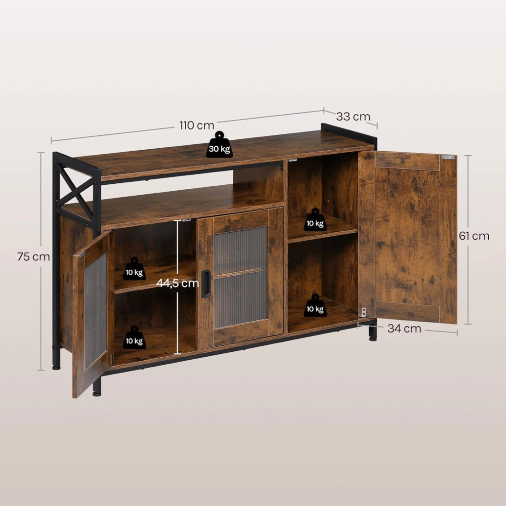Credenza Cucina con 3 Ante, Mobile Buffet Salvaspazio con 2 Ripiani Regolabile, in Legno e Metallo, per Cucina, Soggiorno, Ingresso, 110x33x75 cm, Marrone Rustico