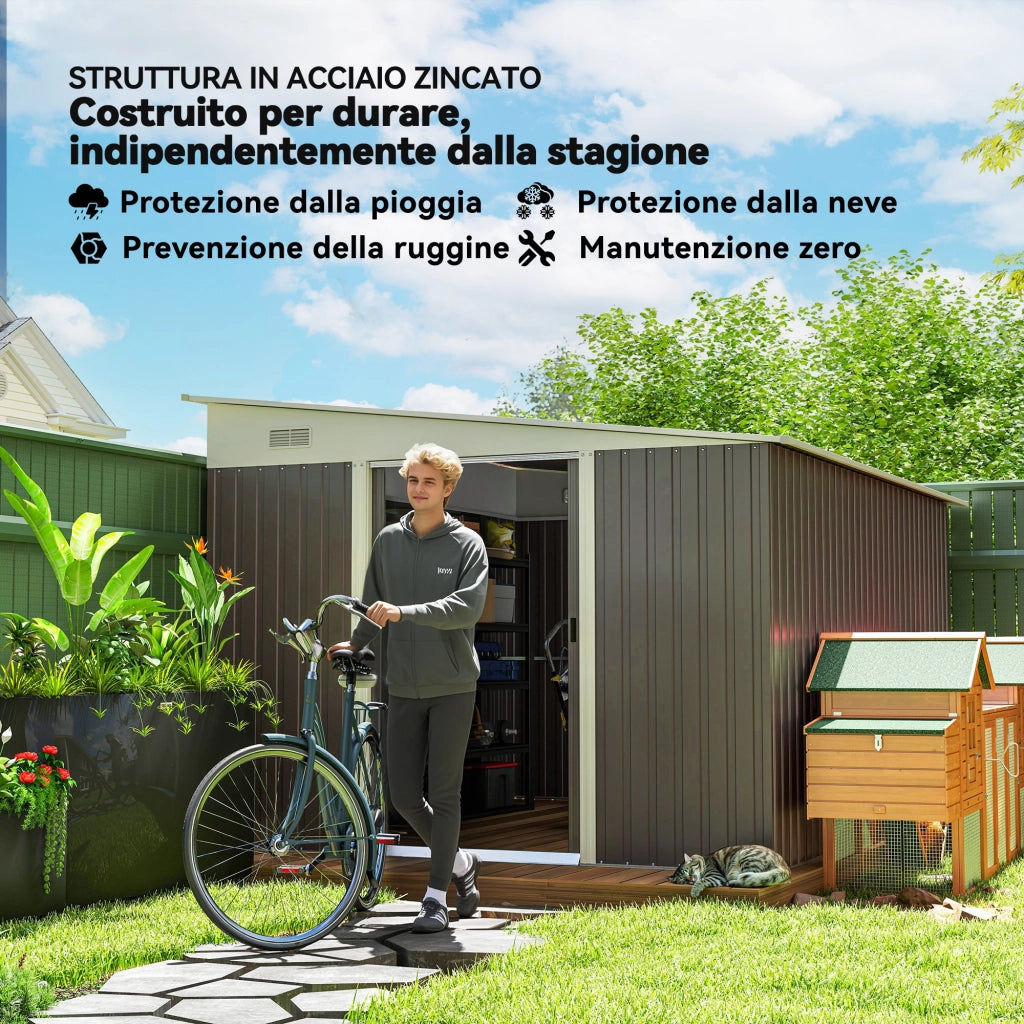 Casetta da Giardino con Porta Scorrevole. in Acciaio. 345x280.5x169-201cm. Grigio